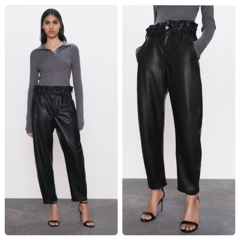 NEW ZARA Black Faux Leather Baggy Paper Bag Pants High Waist Vegan Size 4